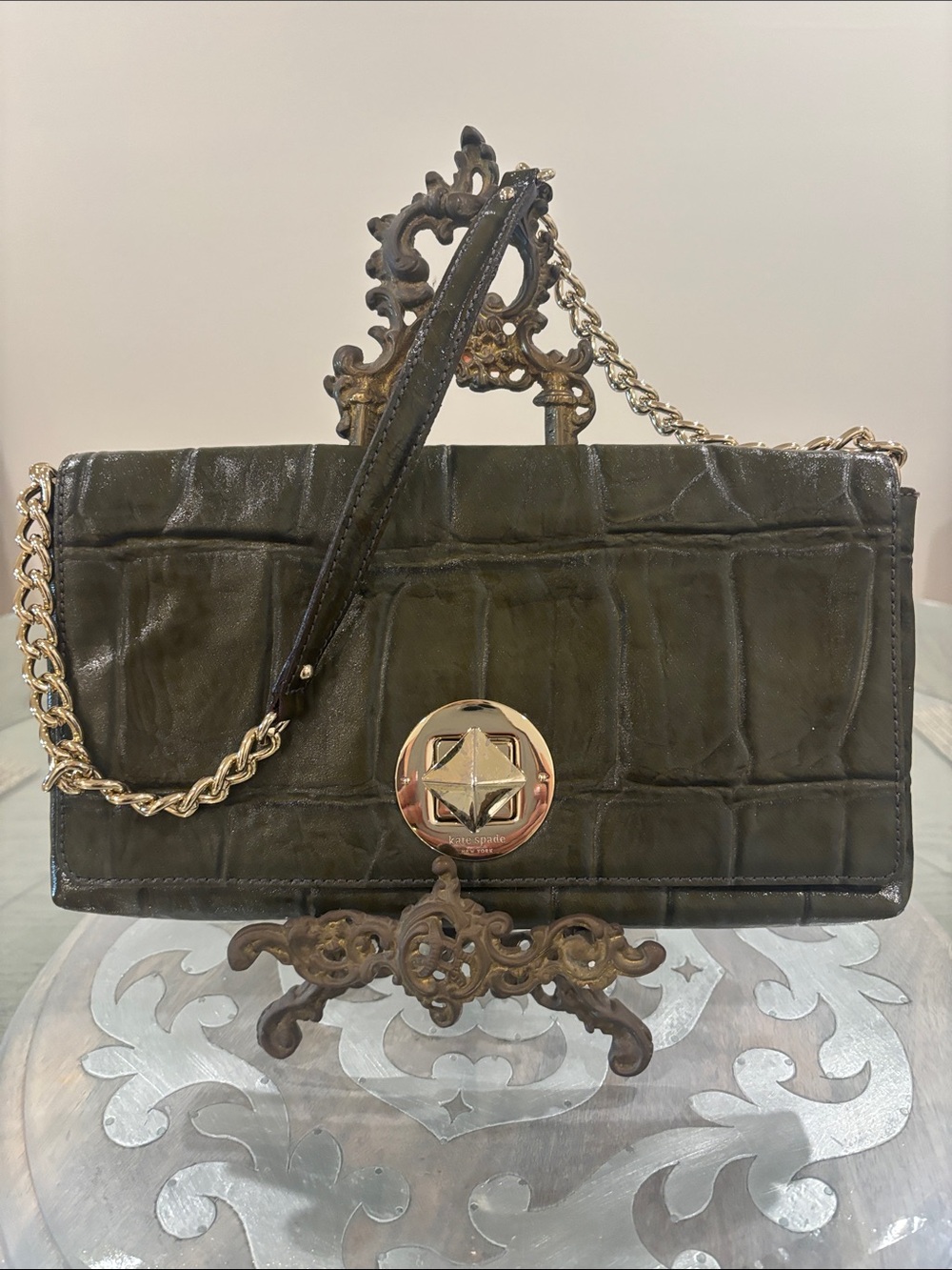 Kate Spade Croc-Embossed Chain shoulder bag/clutch with Gold-Tone Hardware